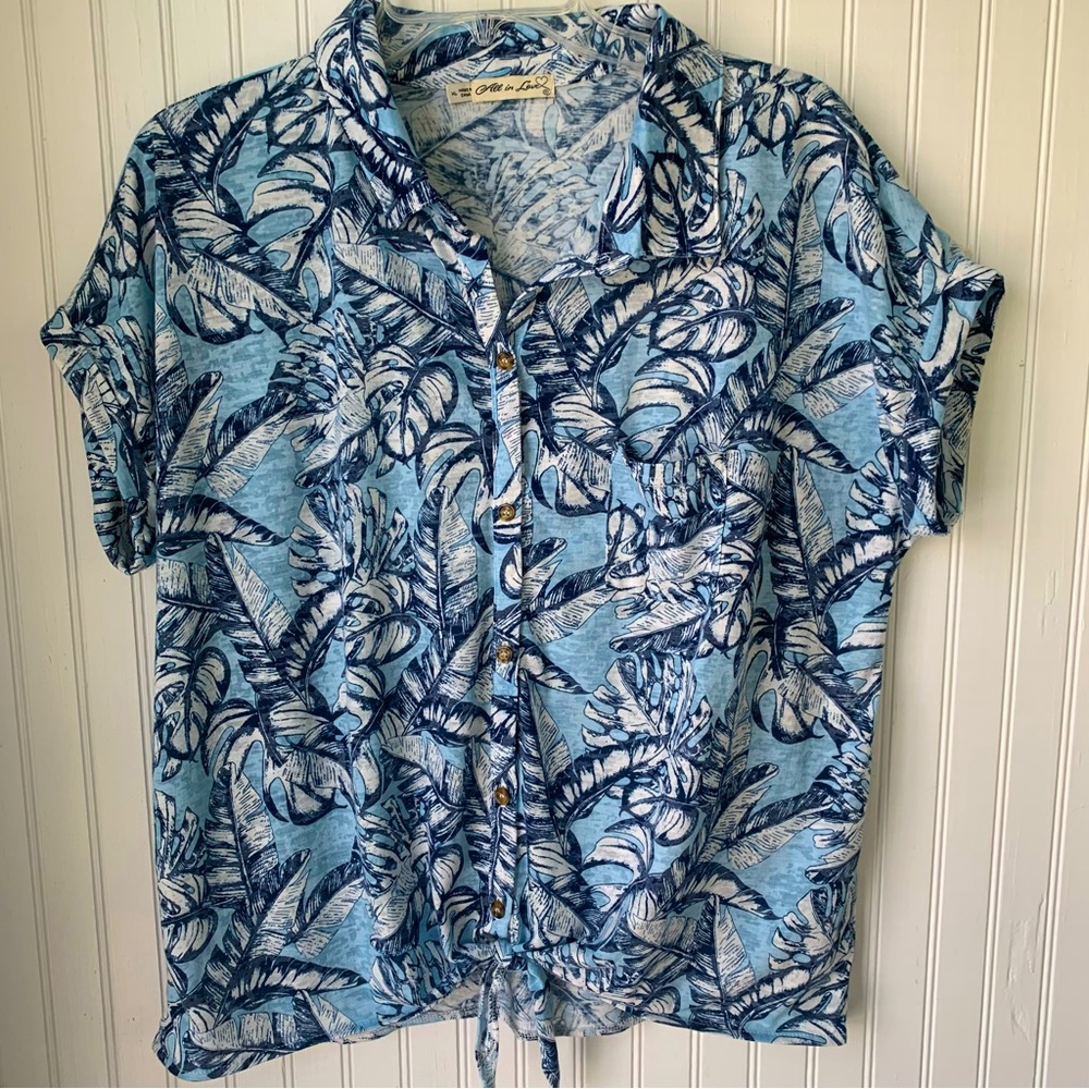 All in Love (XL) Collared, Button-Up, Short Sleeves w/tie at front middle waist